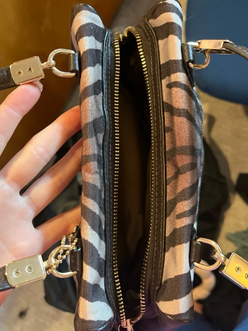 Coach Zebra-Print Satchel in Black and Taupe